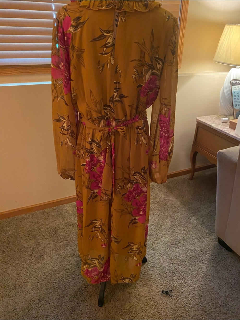 Mustard Floral High-Low Dress with Tie Waist